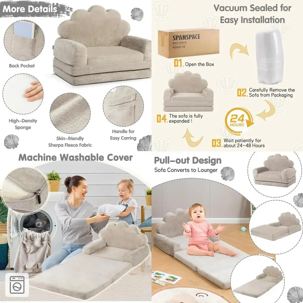 2-in-1 Kids Couch, Toddler Couch Fold Out, Comfy Toddler Chair, Convertible Kids Sofa to Lounger with Pocket and Removable Cover