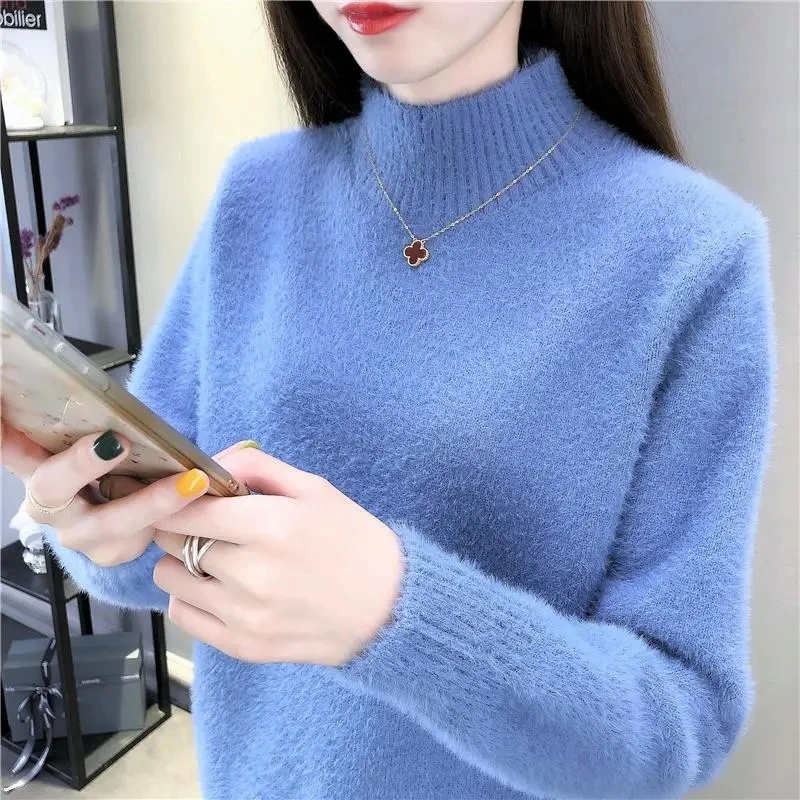 

Autumn Winter Pullover Bottoming Shirt Half Turtleneck Mink Fleece Sweater Women's Korean Style Loose Casual Thick Knitted Tops