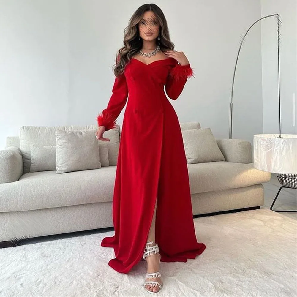 

Vintage Sweetheart A-Line Women Prom Gowns Off The Shoulder Feathers Full Sleeve Floor-Length Evening Dresses فستان سهرة نسائي