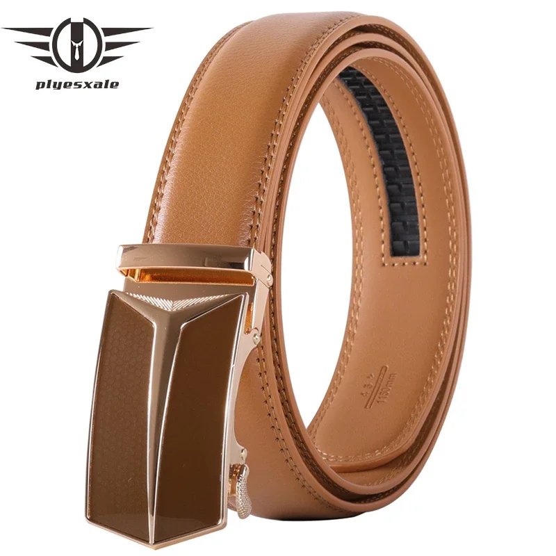 Plyesxale Classic Business Office Light Brown Leather Belts For Men 2024 Luxury Designer Automatic Buckle Formal Strap Male B108