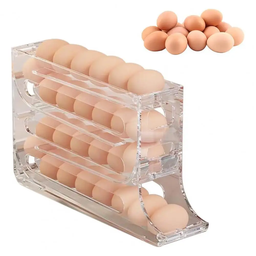 Refrigerator Egg Rack Four Tiers Automatic Rolling 30 Egg Organizer Kitchen Refrigerator Side Door Egg Dispenser