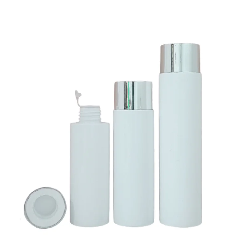 100 120 150 200 250ml พลาสติกสีขาว PET Toner plug bottle Silver srcew lid 3oz 4oz 5oz 7oz Empty Lotion refillable bottle 25PCS