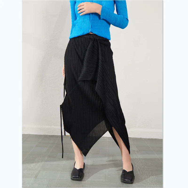 Skirts For Woman Fashion 2023 Summer New Solid Color Stretch Miyake Pleated Drawstring Irregular Female