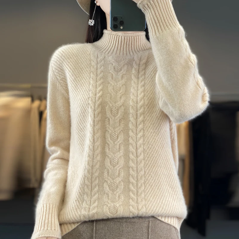 

2024 Autumn/Winter New Women's Pure Wool Thickened Half High Neck Casual Versatile Woolen Sweater Fashionable and Slimming