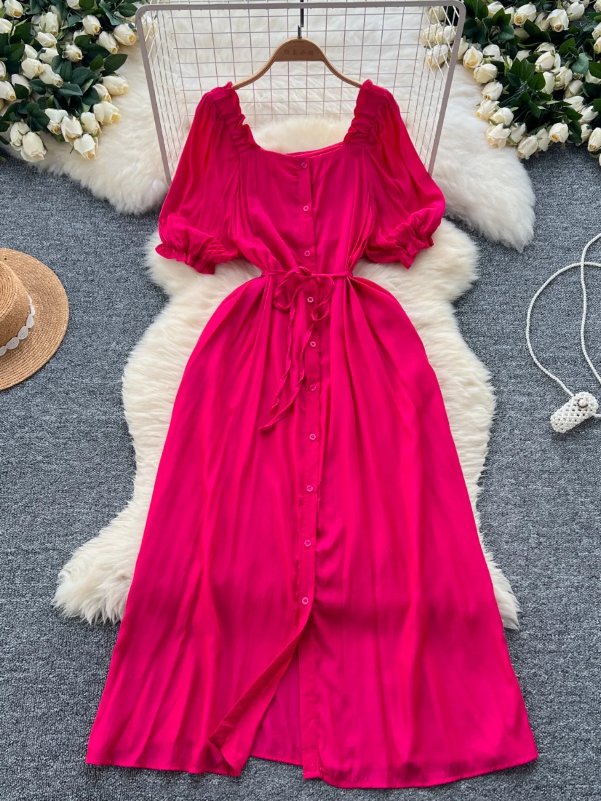 

Summer New Long Dress Women's Chic Fashion Square Neck Bubble Sleeves Single-breasted Waist Straps Slim Party Club Y2k