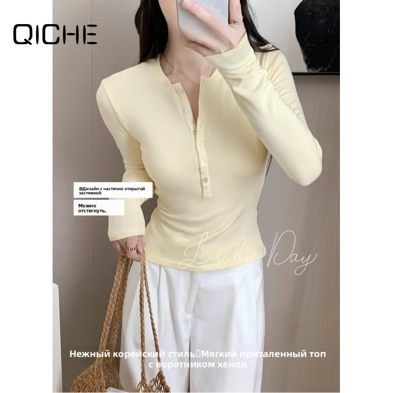 QICHE 2026 Women Henley Neck Button Long Sleeve Undershirt, Slim Fit Base Top For Fall Winter