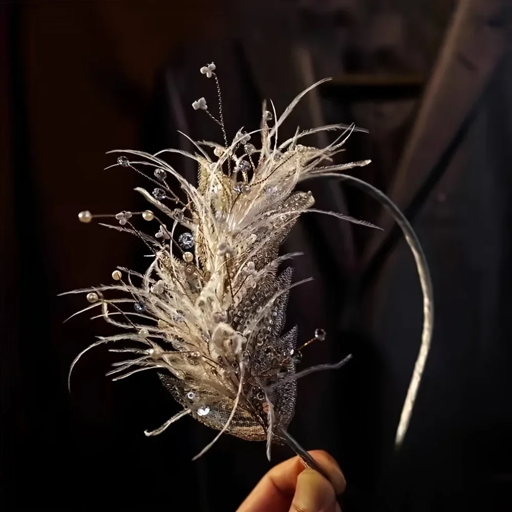 1pc High-End European And American Super Wedding Bride Headdress Embroidery Feather Headband Rhinestone Wedding Dress