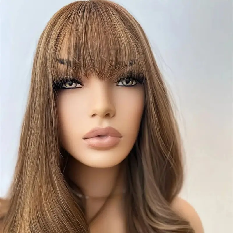 

16-дюймовый Ombre Медовый Коричневый Блондин Синтетический HD Парик Фронта Шнурка с Челкой Парики Высокой Плотности Термостойкие Маленькие Кепки Большого Размера