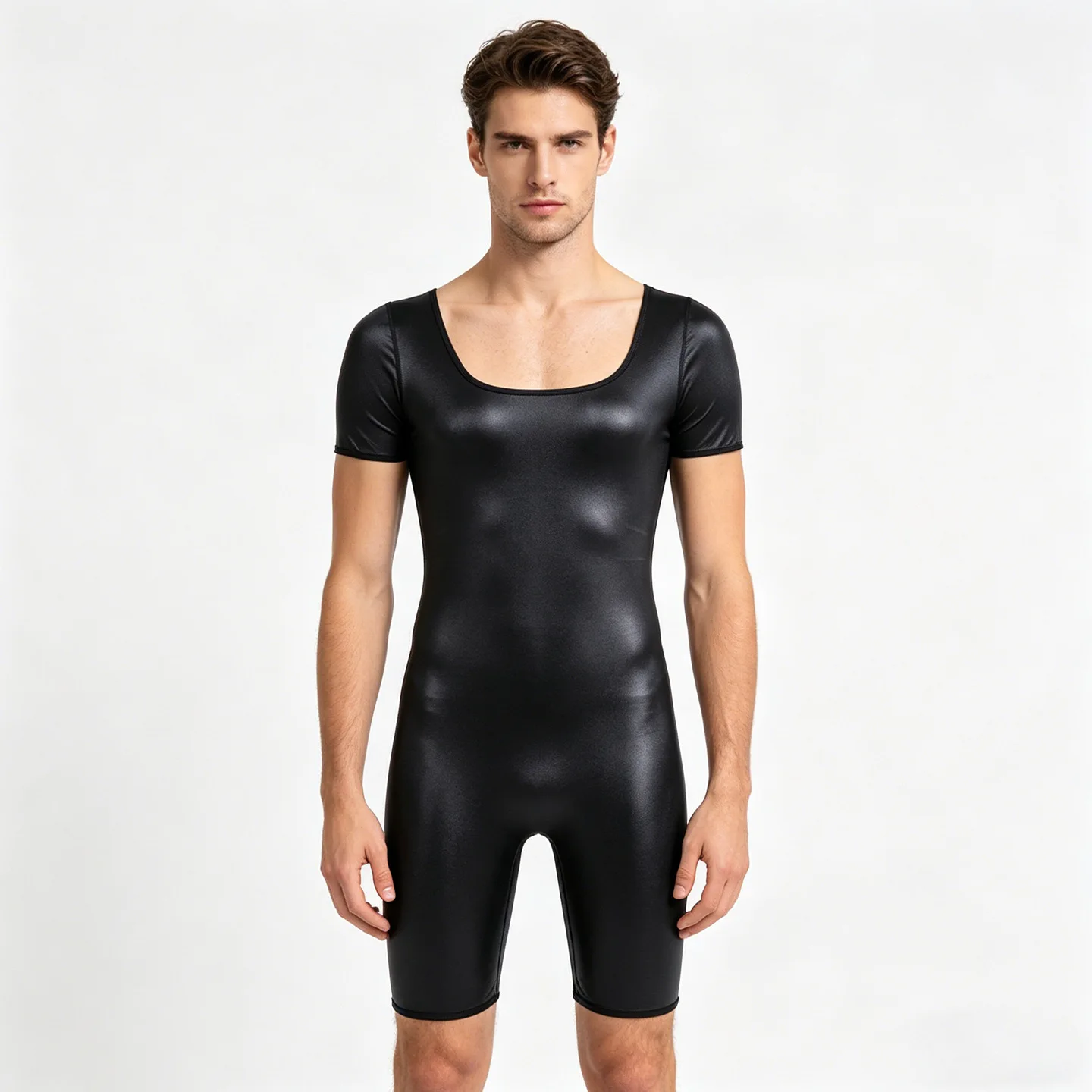 

Мужской эластичный боди-комбинезон с коротким рукавом, шелковистый, блестящий, облегающий, с шортами