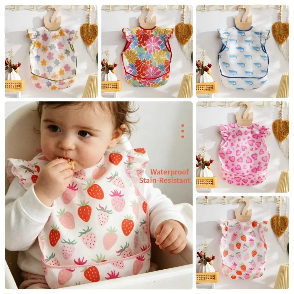 Machine Washable Sleeveless Bib Cartoon Pattern Easy To Clean Waterproof Smock Bib Pocket Design Mess-Proof Feeding Bib Babies