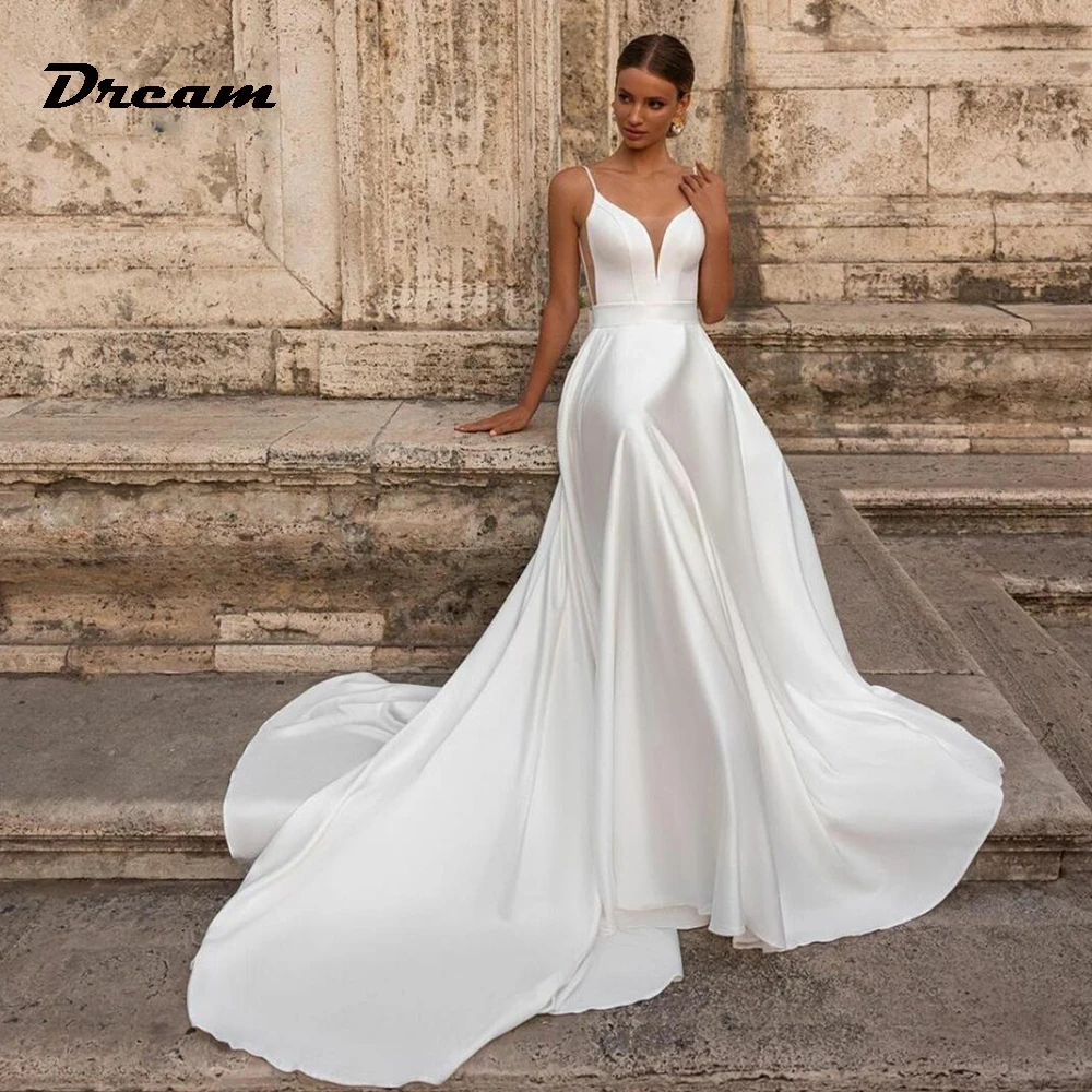 DREAM Customized Satin Spaghetti Straps A-Line Wedding Dresses Sexy Backless Bridal Gowns Sweep Train Vestidos Novias Boda 2025