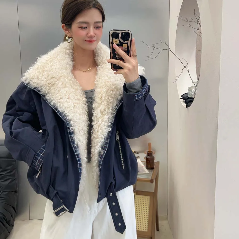 الرجعية الأزياء الفراء طوق معطف المرأة شتاء جديد فضفاض عارضة الدافئة صوف الضأن سترة أوزة أسفل بطانة داخلية يتغلب
