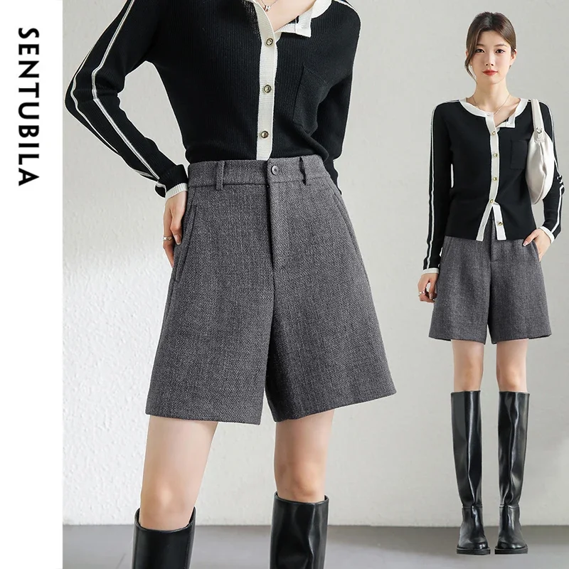 SENTUBILA Straight Shorts for Women 2024 Autumn Winter A-line Grey High-waist Office Lady Knee-length Suit Shorts 144K57227