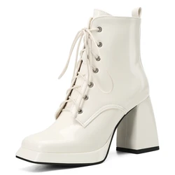 Elegant Women's Ankle Boots Platform Lace-up High Heels Short Boot Female Autumn Winter Black White Party Shoes Large Size 45