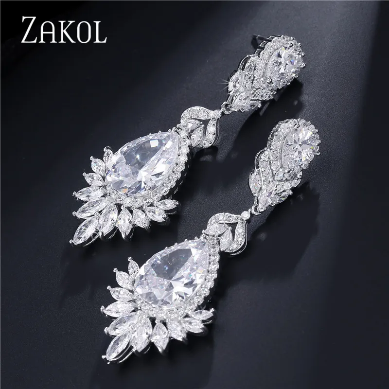 ZAKOL Vintage Chandelier Bridal Wedding Earrings for Women Luxury Water Drop Cubic Zirconia Dangle Earring Fashion Jewelry