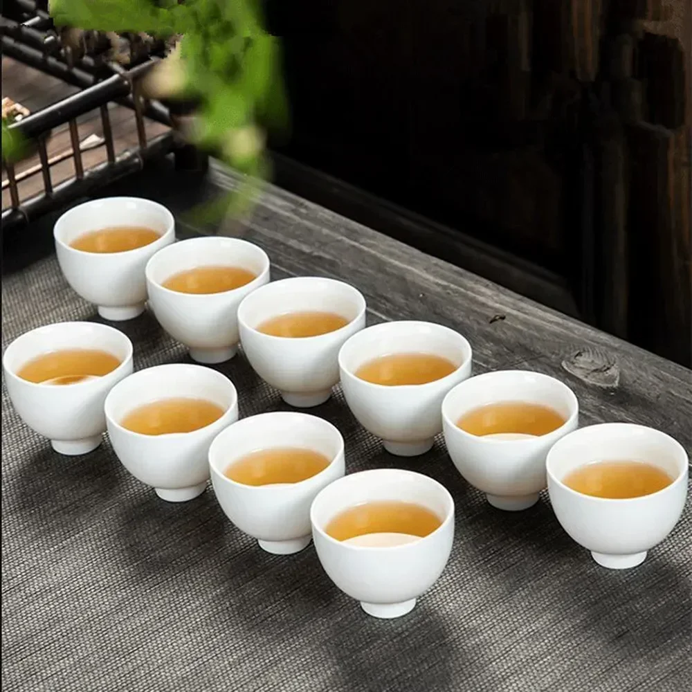 10pcs /pack Dehua High White Porcelain Pure White Ceramic Tea Handmade Cup Kungfu Tea Set Household Simple Pu'er Cup Set