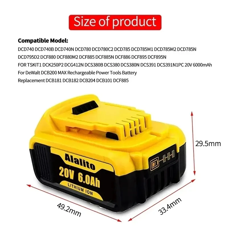 20V 6Ah MAX Lithium Battery Power Tool Replacement for DeWalt DCB184 DCB181 DCB182 DCB200 20V 6A 8A 12A 18V 20V Lithium Battery