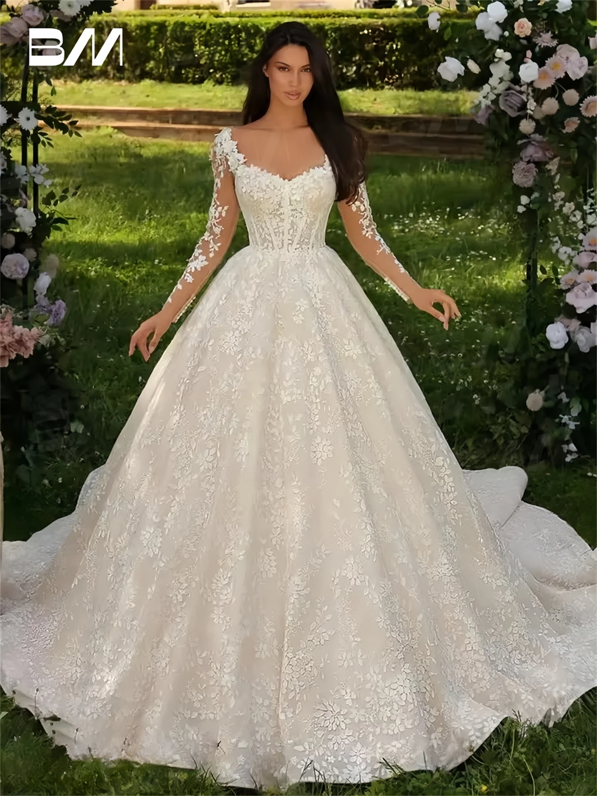 

Sweet Lace A Line Wedding Dresses for Women 2025, Customized Full Illusion Sleeves Bride Dress, Court Train Bridal Gown