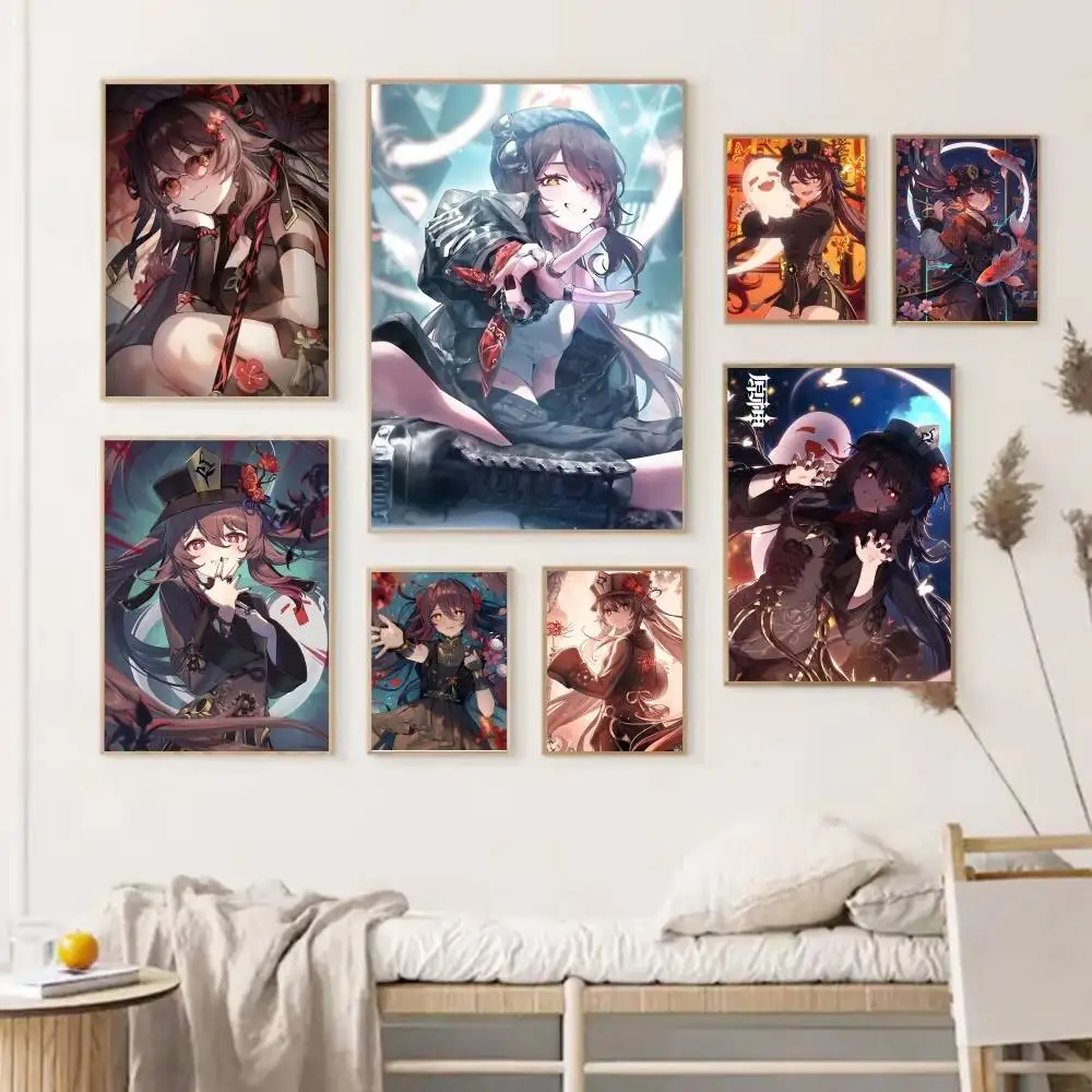 Game Genshin Impact Hu Tao Poster Self-adhesive Art Waterproof Paper Sticker Coffee House Bar Room Wall Decor