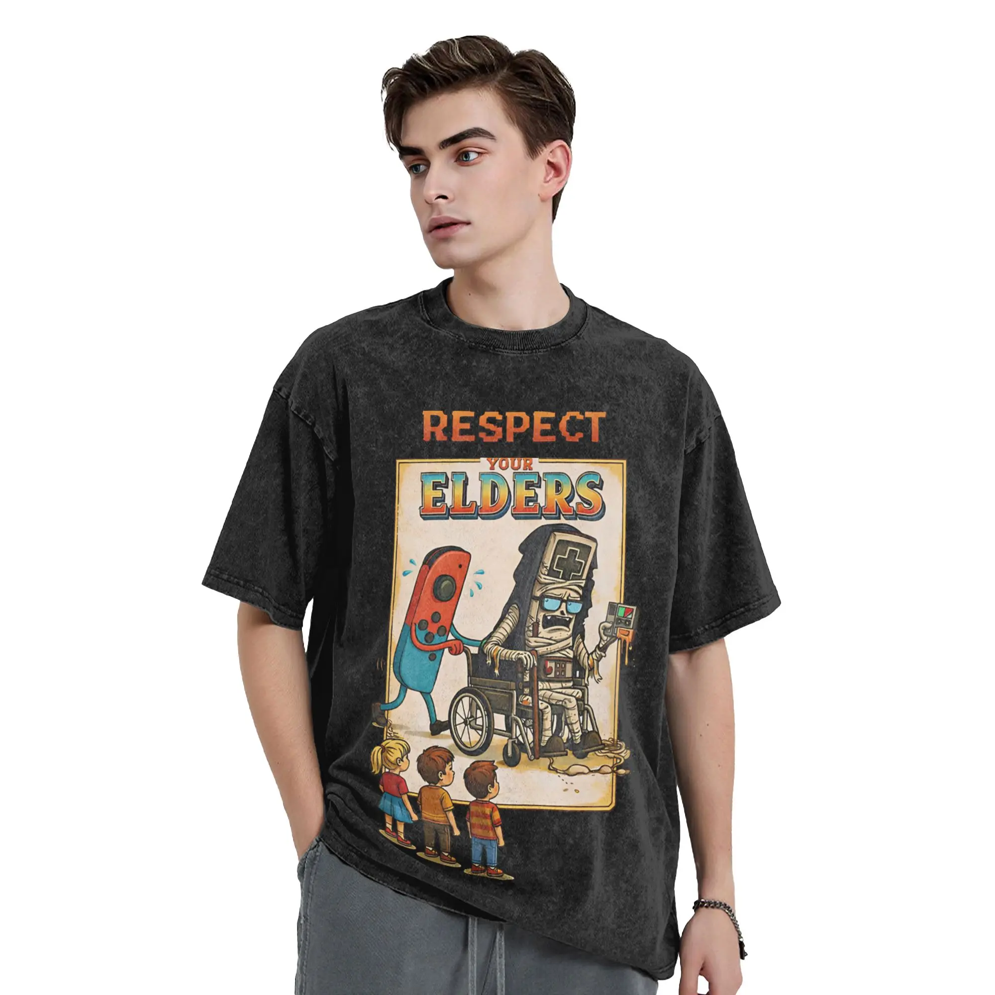 Respect Your Elders Console Vintage Washed T Shirts  Pure Cotton Clothing Vintage Short Sleeve O Neck Tees Summer T-Shirts