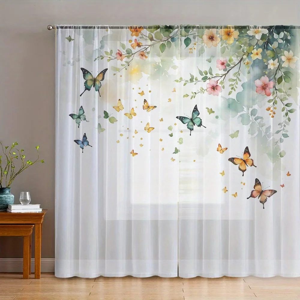 2PCS Digital Print Sheer Curtains, Butterfly Surrounding Flower, Sweet Garden Style for Living Room Bedroom Window Decoration