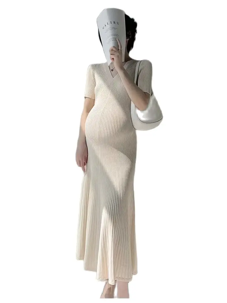 Korean Style Maternity Knitted Dress Solid Color Short Sleeve V-Neck High Waist Pregnant Woman Stretched Dresses Pregnancy Dress