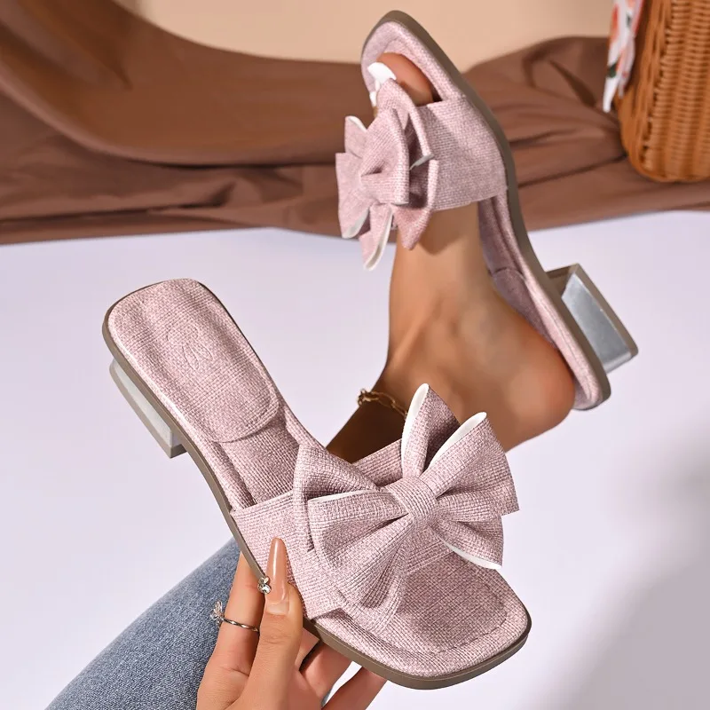 

Summer New Plus Size Women's Shoes Bow Fashion Square Head One Word Fairy Foreign Style Commuter Slippers