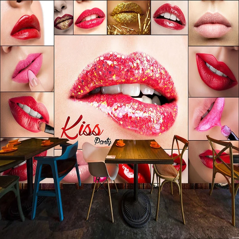 Custom Mural Wallpaper 3D Red Lips Creative Poster Photo Wall Painting KTV Bar Makeup Shop Background Wall Decor Papel De Parede