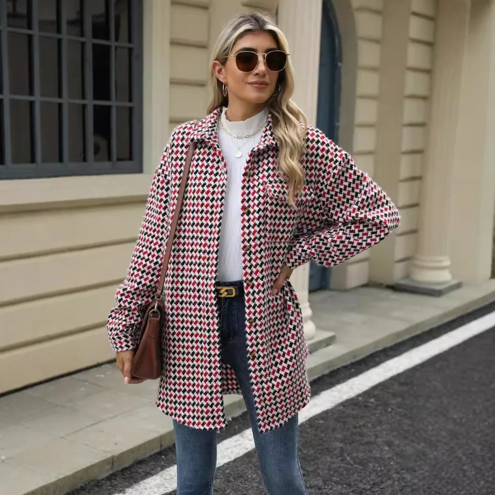 

Women's Clothing 2024 Autumn And Winter New Style Slim Women's Outerwear Grid Lapel Top Medium Long Woolen Coat For Women