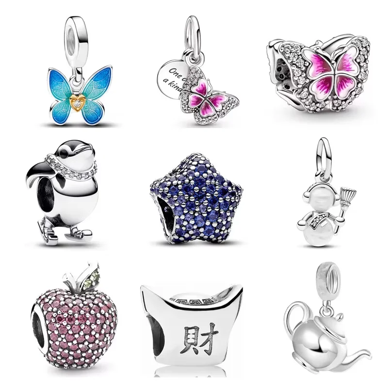 Pendant Blue Pink Butterfly Sparkling Star Apple Beads New Women Charm Jewelry Fit Original 925 Sterling Silver Pandora Bracelet