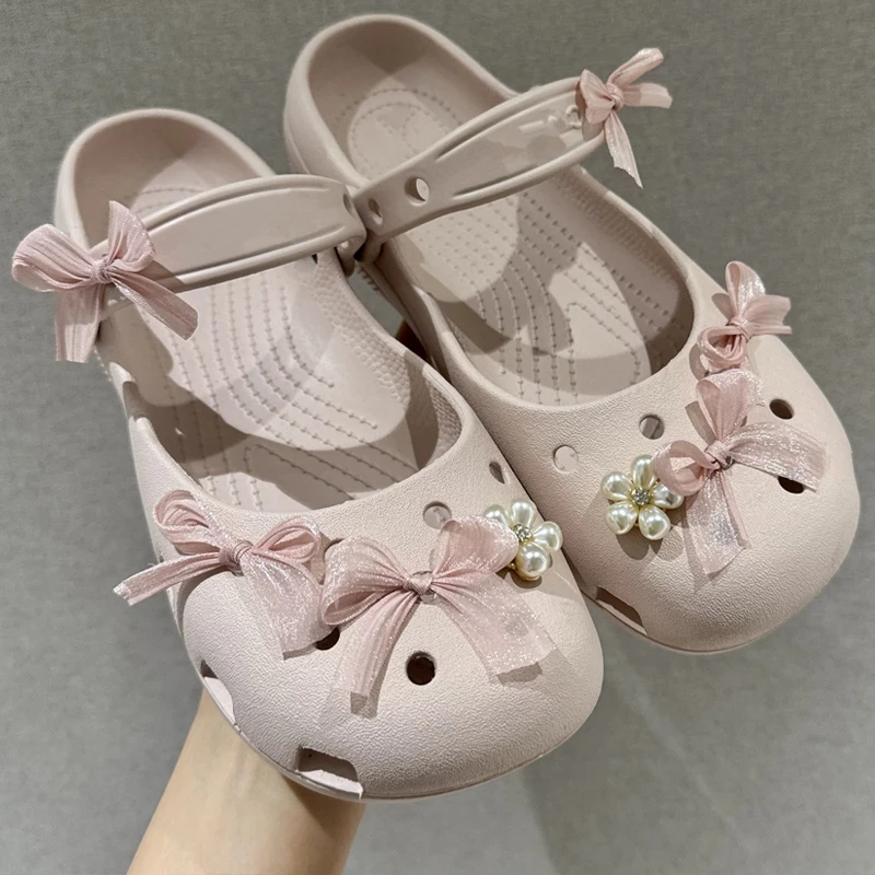 Sweet Pink Bow Pearl Flower Shoe Charms Delicate Removable DIY Shoe Ornaments for Women Clog Sandals Detachable Accessories 1Set