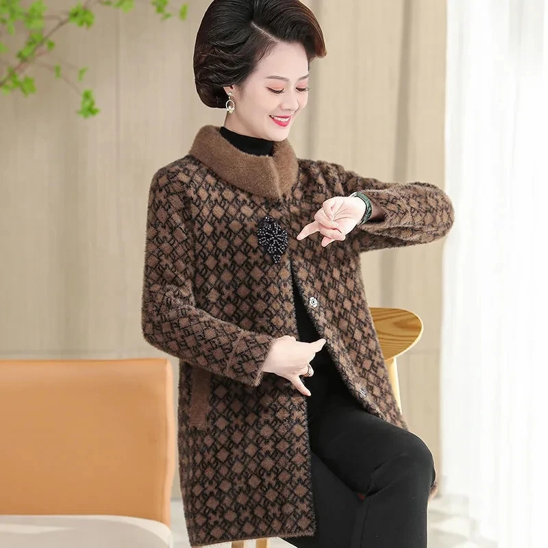 2022 New Fashion Mother's Autumn Winter Premium Coat Mid-Length Top Middle aged Women's Mink Coat Faux Fur Coat Female Wool Coat