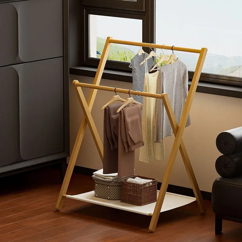 Bamboo X-Shaped Folding Clothes Drying Rack Double Tier Garment Hanger Stand With Storage Shelf For Bedroom Laundry Room Balcony