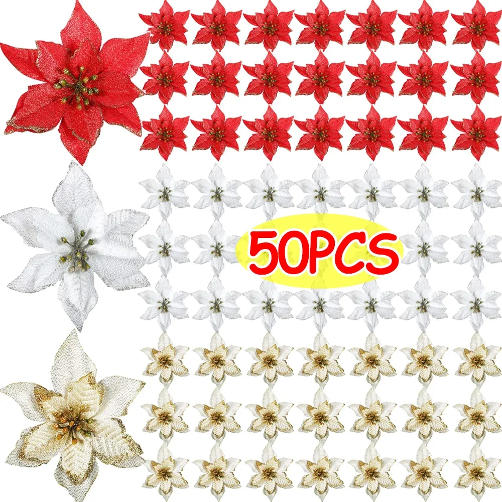 50/10Pcs Golden Border Simulation Flower Artificial Flowers for Home Parties Weddings Christmas Wreath DIY Glitter Decorations