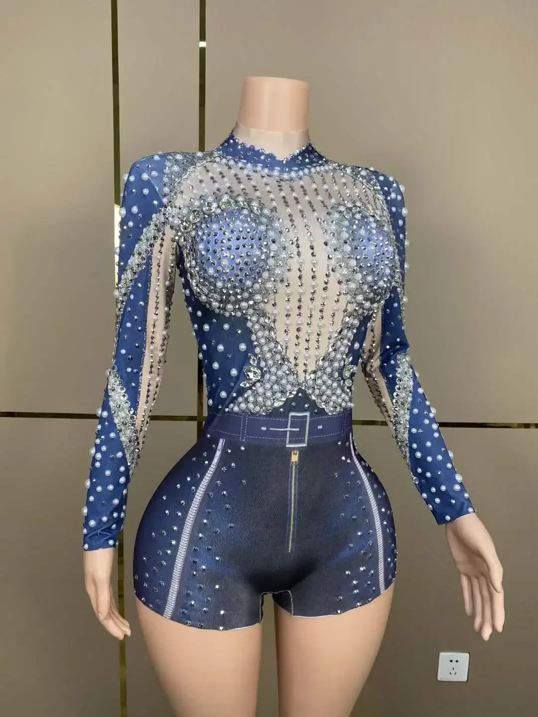 Kobiety lśniące z koralikami i kryształkami z długim rękawem jednoczęściowy kombinezon DJ DS odzież do klubu nocnego kostium na konkurs