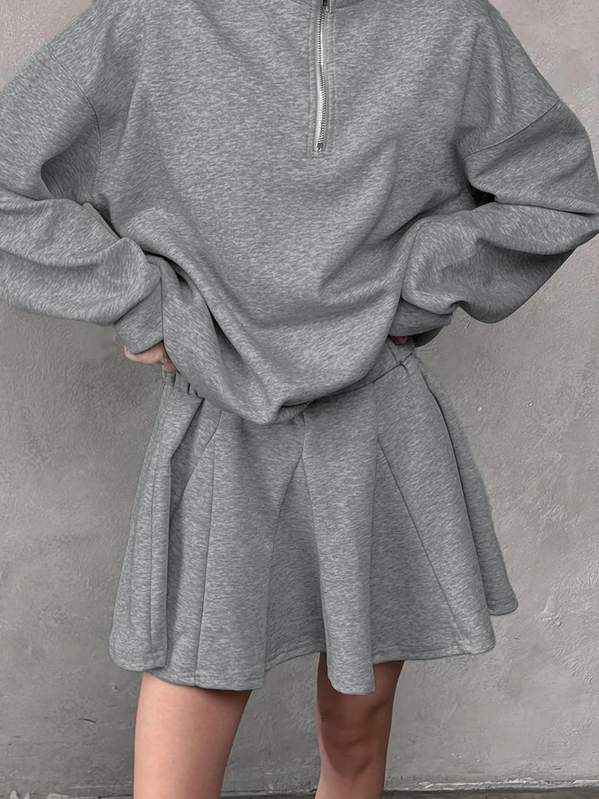 Marthaqiqi Loose Casual Female Pajama 2 Piece Suit O-Neck Sleepwear Long Sleeve Nightgowns Skirts Gray Solid Women Nightwear Set