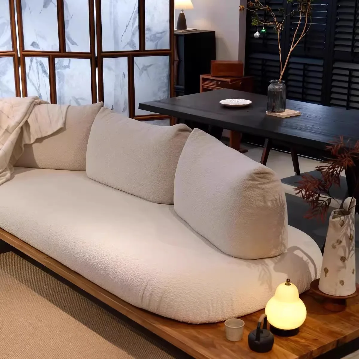 작은 아파트 침대 겸용 소파 중형 고대 스타일 입자 벨벳 고반발 일본식 다다미 와비사비 통나무풍