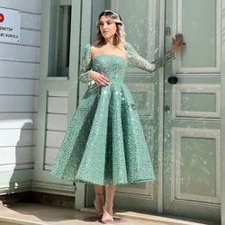 Sevintage Modest Turquoise Sequined Beading Pearls Prom Dresses Long Sleeves A-Line Arabic Muslim Evening Dress Engagement Gowns