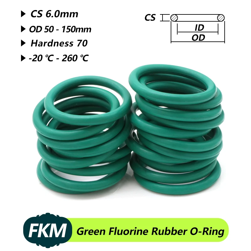 5pcs Green FKM O Ring CS 6mm OD 50mm ~ 150mm Sealing Gasket Insulation Oil High Temperature Resistance Fluorine Rubber O Ring