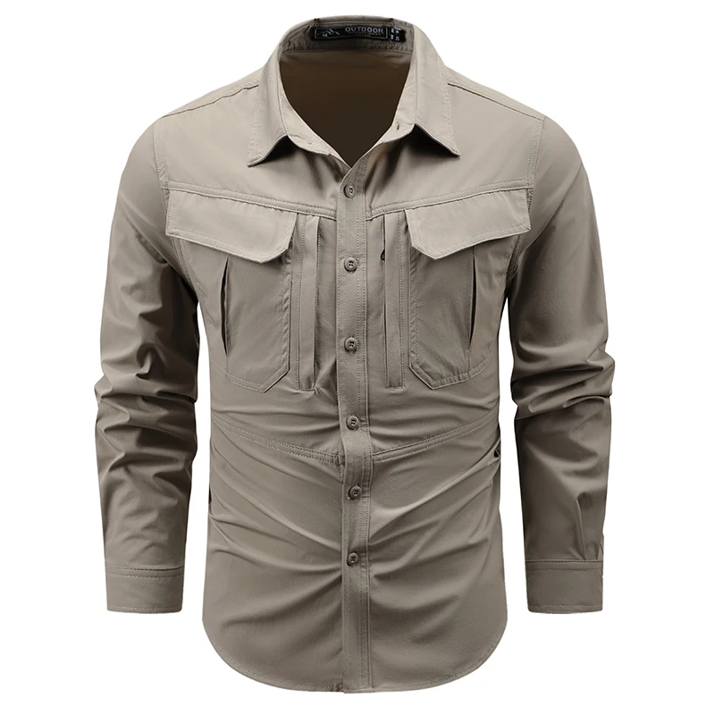 

Spring Summer New Style Casual Long Sleeve Shirt Men's Collar Loose Multi Pocket Outdoor Quick Dry Leisure Shirt Workwear Wind