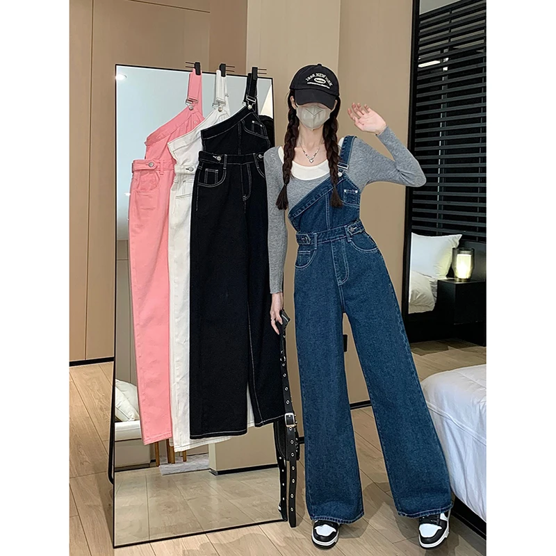 Korean Design Sense Single Shoulder Denim Overalls Women’s 2024 New Niche High Waist Pants Fashion Straight Wide Leg Long Trouse