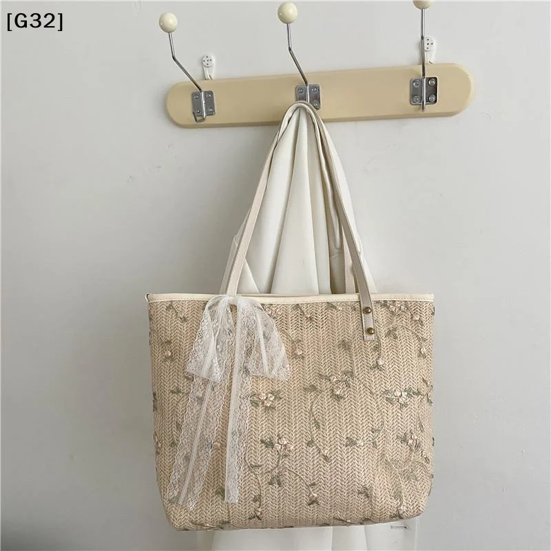 Woven Straw Tote Bag With Floral Embroidery And Lace Bow Detail Shoulder Bag Perfect For Daily Commute Beach Trips Shopping[G32]