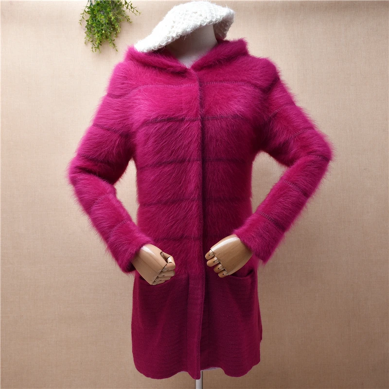 Ladies Women Fall Winter Pull Rose Hairy Mink Cashmere Knitted Hooded Long Sleeves Slim Cardigan Angora Fur Jacket Coat Sweater