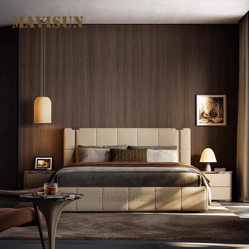 

Modern Light Luxury Square Tufted Headboard Leather Upholstered King Size Bedroom Bed Solid Wood Frame 2 People Large Double Bed