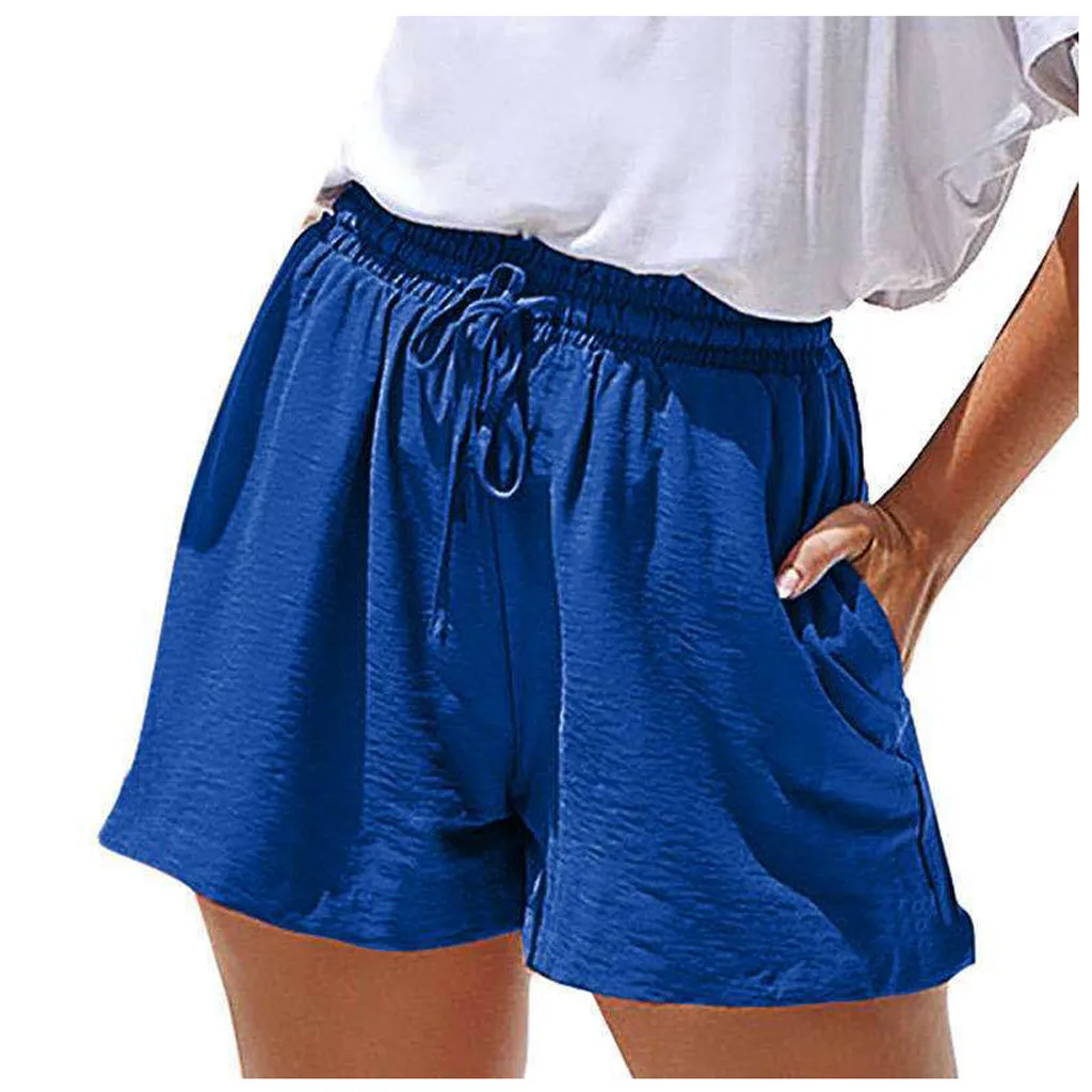 Summer Elastic Waist Loose Home Streetwear Ladies Outfit Solid Colors Casual Women Short Pants Simple Drawstring Pockets