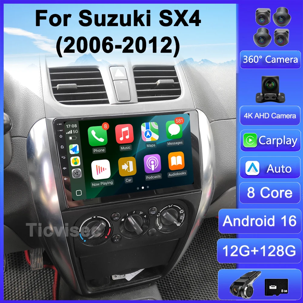 Android 16 Radio del coche 4G + WIFI Carplay para Suzuki SX4 2006-2013 para Fiat Sedici 2005-2014 coche Multimedia GPS 2din autoradio 1