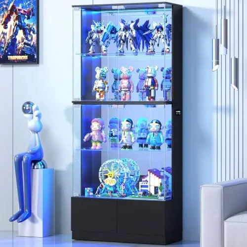 Display Cabinet with Glass Doors, 4-Tier Curio Cabinet with RGB Lights for Collectibles, Display Case with 2 Drawers