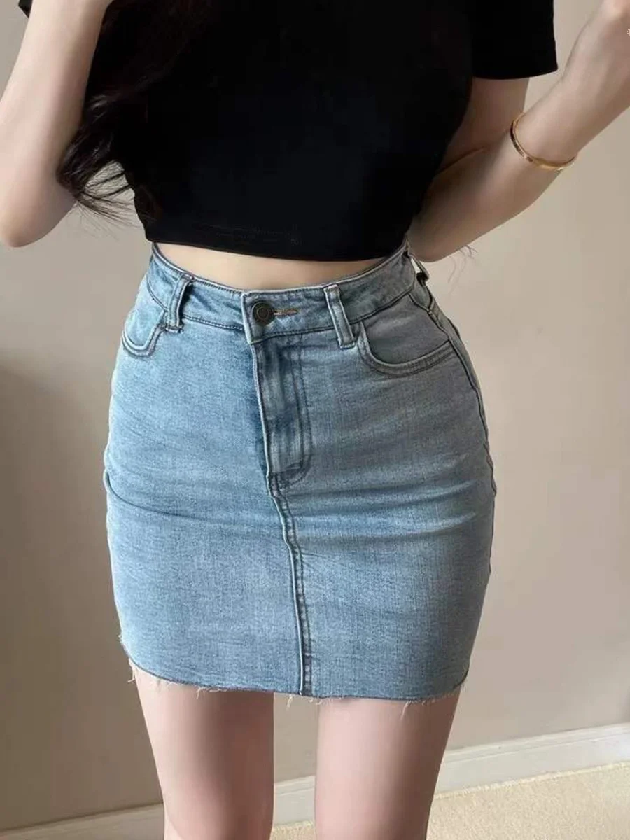 

Эластичная джинсовая юбка-трапеция с высокой талией для женщин, укороченная, весна 2024, корейский стиль, для повседневной носки, винтажная