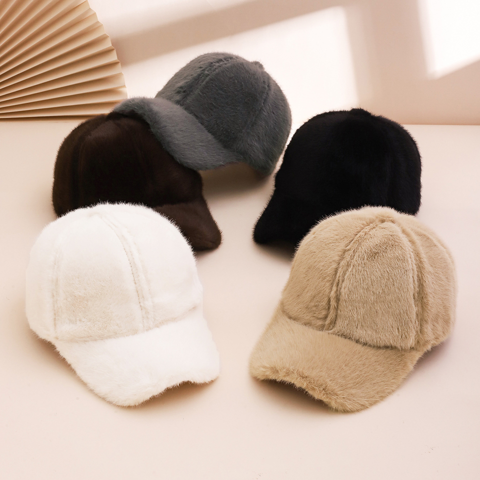  Korean Style Plain Faux Fur Baseball Cap, Casual Warm Duckbill Hat for Autumn Winter, Cozy Plush Beanie for Men and Women 