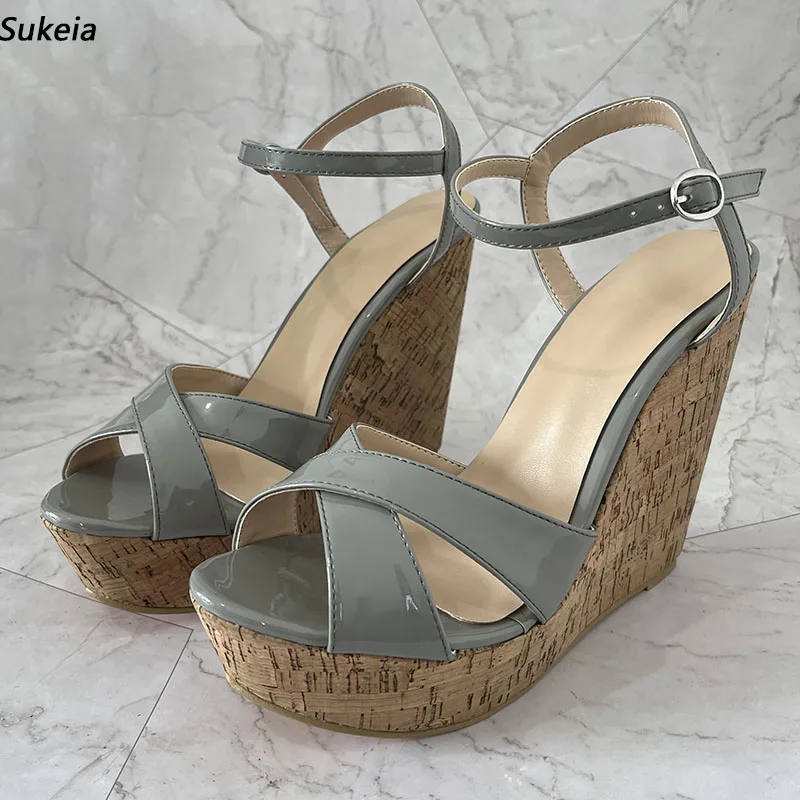 

Sukeia/женские сандалии ручной работы на платформе, классические серые туфли на танкетке с круглым носком для вечеринок, женские размеры США 5-20